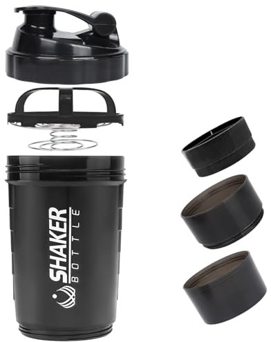 VIGIND Shaker Proteine 500 ml con 3 Scomparti Integratori- Bottiglia Antigoccia per Palestra e Fitness, Realizzata in Plastica Senza BPA, Organizzazione Facile (Nero)