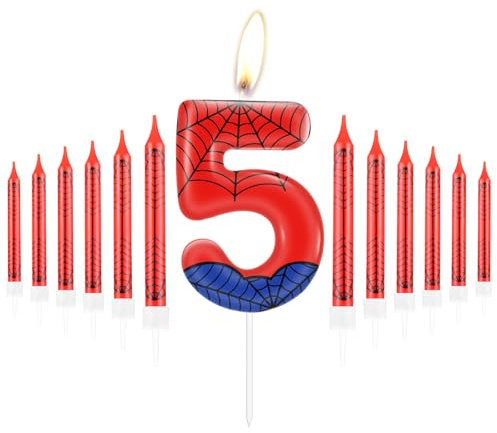 Personalisierte Happy 5th Birthday Kuchen Kerzen Set, Blau Rot Kerzen mit Spinnennetz, Spinne Nummer 5 Kerzen Kuchen Topper, Spinne Thema Party Kerzen für Jungen Mädchen 5. Geburtstag