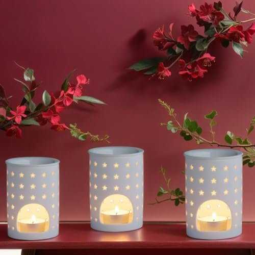 Lampada profumata in ceramica per lumini in bianco | LampeAroma Olio Profumato | Portacandela antivento per interni ed esterni | Bianco rustico lampade aromatiche come decorazione (set da 3 pezzi Tuan