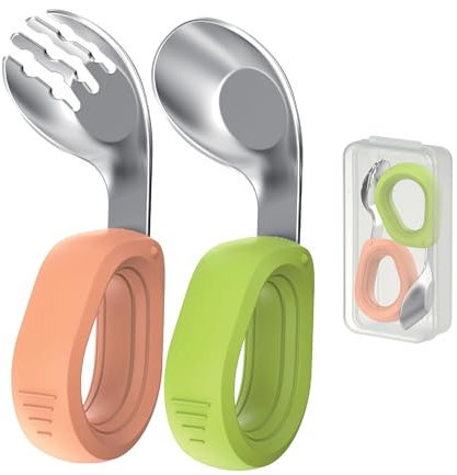 Cubiertos para Bebé en Inox con Mango Plástico Incurvado - Set de Cuchara y Tenedor Infantiles con Caja de Almacenamiento - Cuchara Silicona Bebé Aprendizaje - Cubiertos Infantiles Seguros y Duraderos