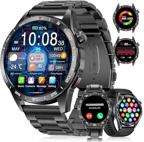 Montre Connectée Homme, 1.43 AMOLED avec Appel Bluetooth pour Android iOS Montre Homme Acier Noir Montre Connectée Homme 100+ Sport 400mAh Fréquence Cardiaque Santé Moniteur 3 Bracelets