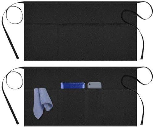 Benaewa 2 Pcs Waitress Aprons with 3 Deep Pockets, Waterproof, Oil Proof Waist Apron, Short Black Pinafore for Kitchen Restaurant Work