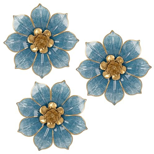 Arborus Wanddeko Metall Blumen 3 STK Wandskulpturen aus Metall 25 CM Blau Gold Wanddekoration Hängend Wandornament Wandteller Rund Deko Wand Modern Deko Schlafzimmer Wohnzimmer Flur Küche