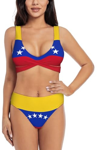 GaxfjRu Trajes de baño con la bandera de Venezuela para mujer 2024, conjuntos de bikini de cintura alta de 2 piezas para mujer, traje de baño con control de abdomen