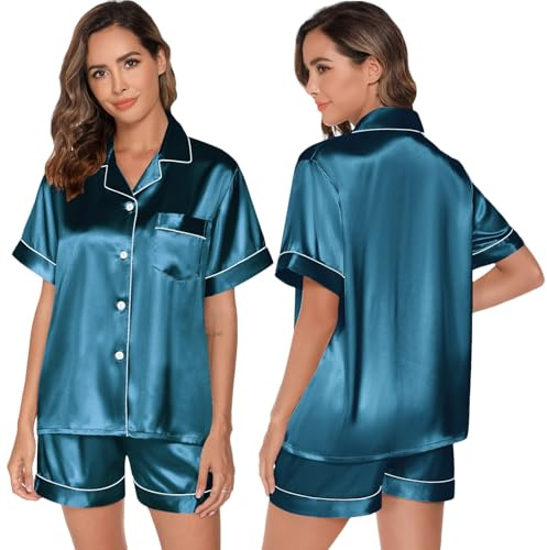 GAESHOW Ensemble de Pyjama Deux pièces en Satin de Soie pour Femme, avec Haut à Manches Courtes et Boutons