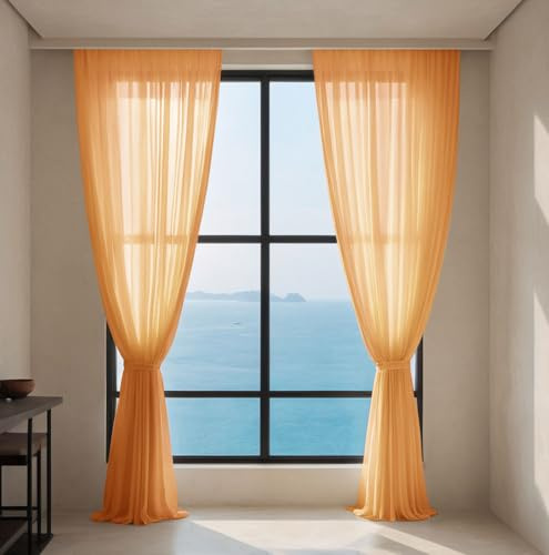 Lukery Transparent Vorhänge Wohnzimmer 2er Set, Lang Halbtransparent Gardinen Vorhänge Durchsichtig für Fenster Küche Wohnzimmer Landhaus (140x245cm,Orange)