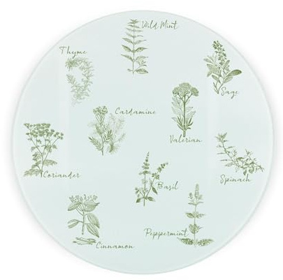Green Herbs Round Glass Worktop Saver - Herbs & Ingredients Kitchen Gifts - Textured Chopping Board/Worktop Protector with Non-Slip Feet 30cm x 30cm (12 x 12)