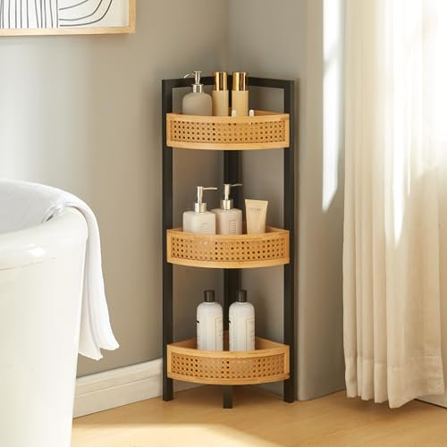 [en.casa] Eckregal Tervola Badregal mit 3 Ablagen Badezimmerregal 80 x 23 x 23 cm Standregal Kücheregal Schwarz/Bambus