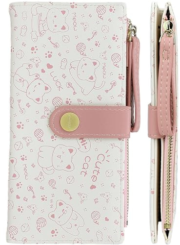 Farcauo Portemonnaie Damen Geldbörsen Frauen Geldbeutel Mittel Groß Damen Geldbörse Rosa Katzen Design Portemonnaie für Frauen Portmonee mit Ausweisfach und Kartenhüllen