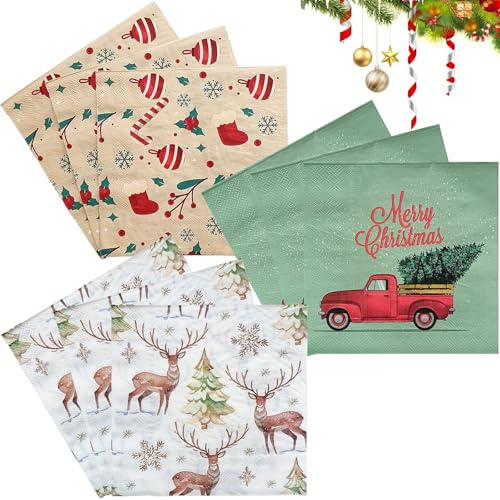 Bikasun 60 Stück Servietten Weihnachten, Weihnachts Servietten Tischdeko Rot Grün Weiß, Rentier Schneeflocken Weihnachtsbaum, Einweg Papierservietten für Weihnachten Party Deko 33x33cm