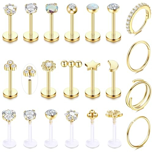 JeweBella Piercing Tragus Acier Inoxydable 16G pour Femmes - Piercing Helix, Oreille, Labret, Lèvre, Septum, Medusa, Conch, Daith, Nez - Argent, Or, Boucles d'oreilles - Bijoux de Qualité