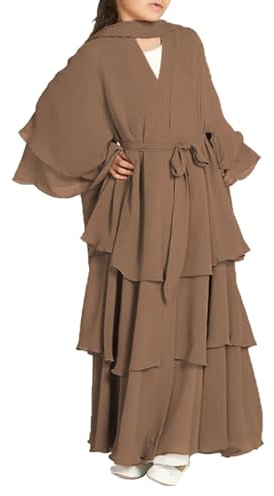 Muslim Girls Abayas Dress for Kids Long Sleeve V Neck Chiffon Dress With Belt Islamic Kaftan Robe Open Front Cardigan Prayer Dress Ramadan Kids Outfit Elegant Dress
