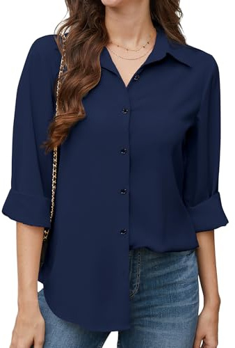 Stamain Chemise Bleu Femme Manches Longues Chemisier Chic et Élégant Bureau Chiffon Blouses avec Boutons Couleur Unie 3XL