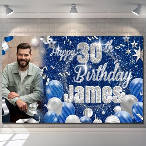 Personalised Happy Birthday Banner Backdrop Blue Pink Silver Customised Celebration Poster Fabric boy girl woman man Party Decorations