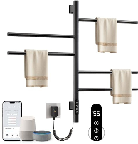 Badheizkörper Elektrisch, 415x680mm, 85W, 180° Drehung Handtuchheizkörper Elektrisch, Schwarz Handtuchheizkörper, Heizkörper Bad, Badheizkörper Handtuchhalter, mit Timer und Thermostat-G63 WiFi Black