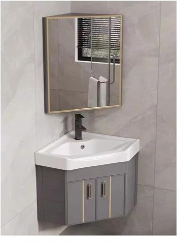 DMBBSAPBSH Eckwaschbecken mit Unterschrank, Eckwaschtisch mit Keramikspüle und Spiegelschrank, an der Wand montiertes Badezimmerwaschtisch-Set for kleine Räume(Grey,56cm/22in)