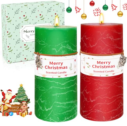 Set de velas aromáticas de Navidad, 2 velas de pilar grandes con fragancia, velas decorativas para el hogar de cera vegetal natural, duración de combustión 145H, velas aromáticas regalo, 14,8 x 7 cm