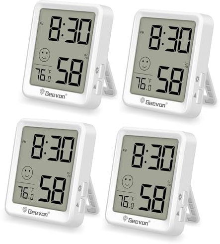 Geevon 4-Pack Indoor Thermometer Hygrometer with Comfort Indicator – Room Temperature & Humidity Monitor with Time Display, Large 1.9-Inch Screen, °C/°F & 12/24H