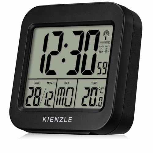 Kienzle Réveil de voyage radio-piloté avec affichage de la température, deux alarmes, fonction snooze, rétroéclairage LED, compact, noir