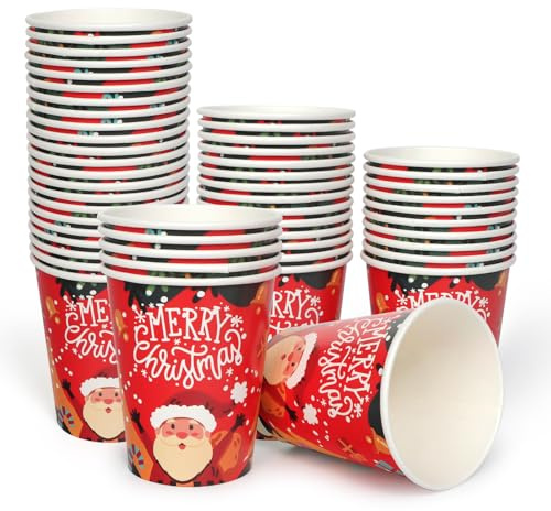 PARTY GO 60 Stück Pappbecher WeihnachtsRot 9oz Party Tischdeko mit Cartoon Weihnachtsmann und Merry Christmas Muster,für die Tischdekoration zu Weihnachten