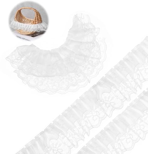10 meter spetsband, veckad spets med dubbla lager, volanger, spetsband för gör-det-själv-sömnad, hantverk, bröllopsdekoration, kostymdekorationer, presentförpackning (vit)
