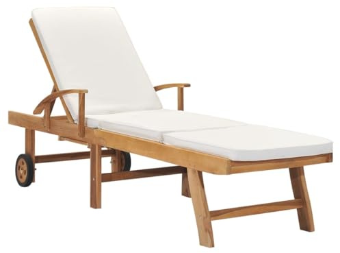 HaoChrymec Transat de Jardin en Teck Massif, avec Coussin Amovible, Dossier Réglable 3 Positions, Tablette Intégrée, Bains de Soleil, Relax Jardin Exterieur, Couleur Crème, 195 x 59.5 cm