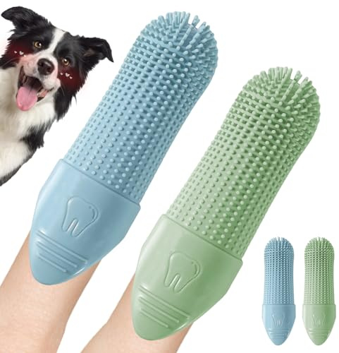 4 Fundas de Limpieza Dental de Dedo para Mascotas - Cepillos de Silicona Suave para Dientes de Perros y Gatos, Kit de Higiene Bucal para Encías Sensibles (2 Azul, 2 Verde)