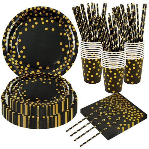 BOKFJBP 80Stück Geburtstag Party Geschirr Set, Schwarzer Punkt Kinder Wiederverwendbar Liefert Papier Teller Servietten Tassen Strohhalme für Babydusche Hochzeit Deko Junge Mädchen dient 16