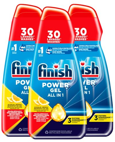 Finish Power Gel All in 1 Detersivo Lavastoviglie Liquido al Limone Multiazione Poteri Sgrassanti Scioglie Residui Incrostati per Pulizia Efficace e Brillantezza fino a 30 Lavaggi - 3 Flaconi da 600ml