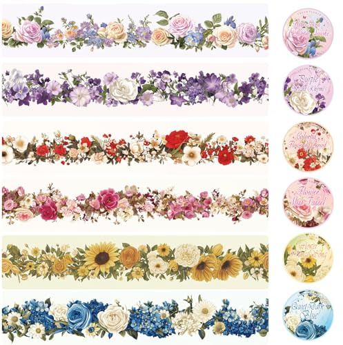 BSITSSS 6 Rotoli Adesivi per Scrapbooking Stickers, Fiori Piante Washi Tape, Fiori Trasparente Scrapbooking Adesivi per DIY Crafts Artigianato Biglietti Album Bullet Journal Diari Computer Portatili