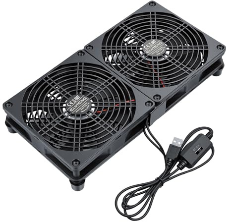 ELUTENG 5 V dubbelradig fodralfläkt, 140 mm, tyst PC-fläkt med metallskyddsgaller, USB-fläkt, 14 cm med 3 justerbara hastigheter för PS4/laptop/TV-box/AV-skåp/router