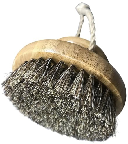 wkao Wildschweinborsten Körperbürste, Peeling Trockenbürsten mit Naturholz, Sisal Pferdemähne Borsten, Massagewerkzeug für verbesserte Hautstruktur, 9,4 cm Handflächengröße