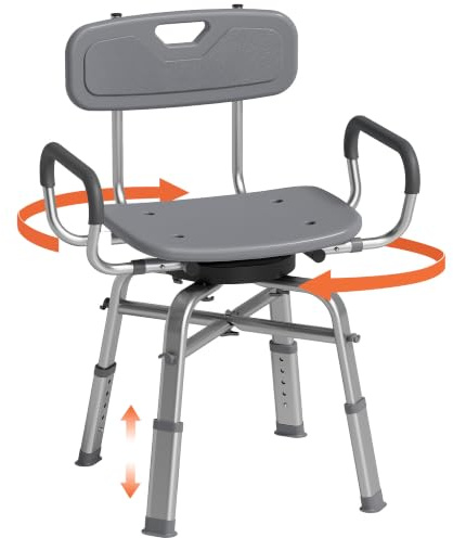 HOMCOM Sedia da Doccia Girevole 360° con Braccioli Estraibili e Schienale, Sgabello Doccia 6 Altezza Regolabile, Antiscivolo, in Lega di Alluminio, Portata 150kg, per Anziani e Disabili, Grigio