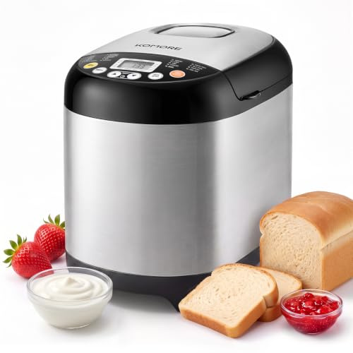 KOMORE Bread Maker Machine Stainless Steel, 19 Programmes with Gluten Free | 2LB Breadmaker, 3 Crust Colours and 3 Loaf Sizes, 15H Delay Timer 1H Keep Warm, Include Nonstick Pan Measuring Cup Spoon Hook