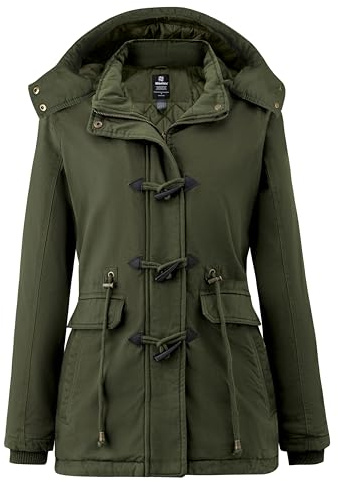 Wantdo Femme Duffle Coat Doublure Polaire Manteau Chaud en Coton Manteau à Capuche Détachable Veste Hiver Parka Militaire Slim Fit Vert S