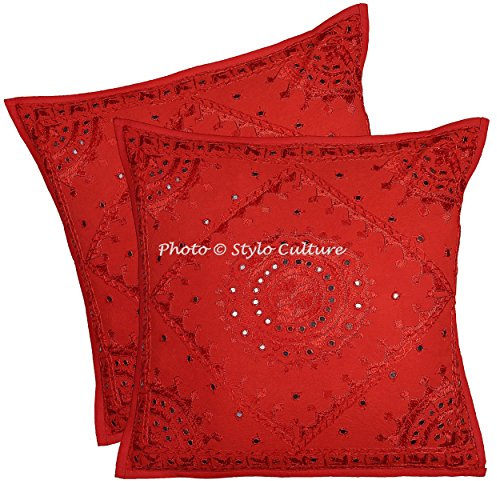 Stylo Culture Bohemio Forros para Cojines Decorativos 60x60 cm Algodón Espejado Fundas De Almohadones Sofa Rojo 24x24 Inch Bordado Cuadrado sobre Funda Cojin Silla - 2 Pcs