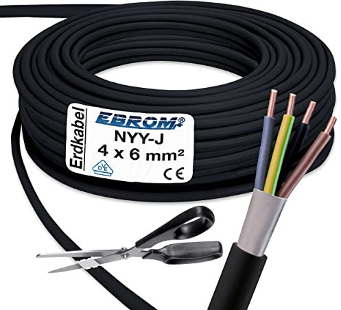 EBROM Erdkabel NYY-J 4x6 mm² - Starkstromkabel - PVC Erdleitung - schwarz - Meterware auf den Meter genau - Auswahl in 1 Meter Schritten, viele Längen - NYY-J 4x6 mm2 - Ihre Länge: 30 Meter