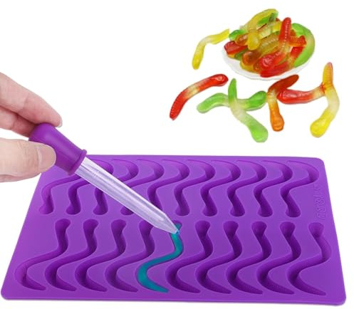 Agatige Moules en Silicone en Forme de Vers de Terre, Moules en Silicone en Forme de Vers Terre Moules à Bonbons et Bacs à Glaçons à 20 Cavités pour Gelée, Chocolat, Savon, Gâteau, Cire