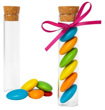 Virsus Lot de 48 boîtes à dragées en verre avec bouchon en liège 15 cm tube éprouvette à dragées, bonbonnières, baptême, mariage