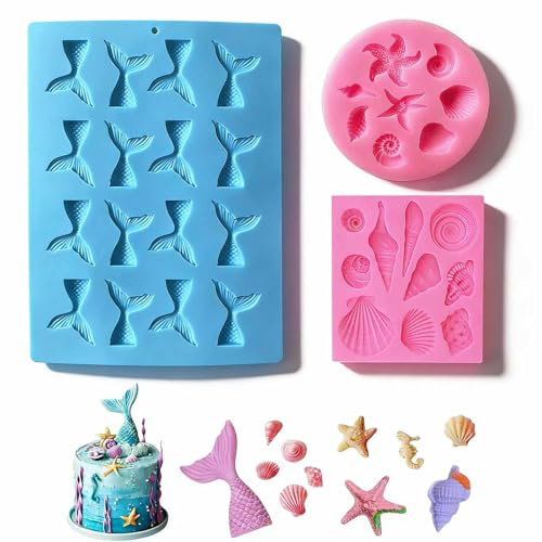 3 Stück Silikon Fondant Kuchen Formen, Silikonform meerjungfrau, 3D Silikon Backform, für Süßwaren, Snacks, Kuchen Backen
