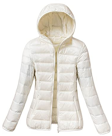 Dam ultralätt packbar dunjacka quiltad kappa med huva damer pufferjacka vindtät smal solid långärmad dunfylld kappa puffa jacka parkas, Vitt, XL
