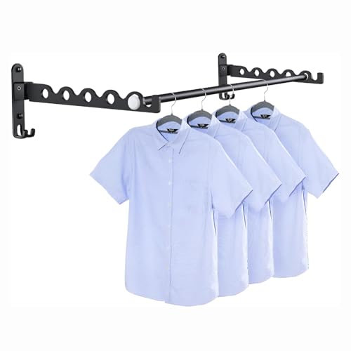 MEIJO Wand Kleiderständer Klappbar, Kleiderhaken Klappbar Wand Kleiderlüfter Klapphaken Wandhaken Balkon Garderobenhaken für Waschküche Schlafzimmer Badezimmer (Schwarz, 2 Stück + Stange)