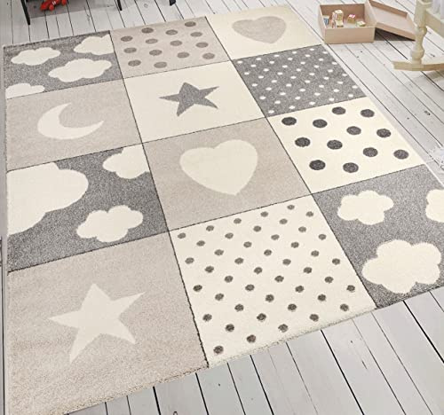 Kinderteppich Babyteppich Patchwork Wolke Herz Sterne Mond Punkte Dots | Teppich für Kinderzimmer | Verschiedene Farbvarianten, Farbe:Grau, Maße:80x150 cm