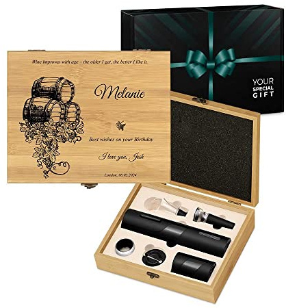 Maverton Wine Opener Accessories for Women, Kit for Wine Lover, Barrel | Customised Wine Set for her, Wine Opening kit with Electric Opener, Overprinted Wooden Box for Birthday