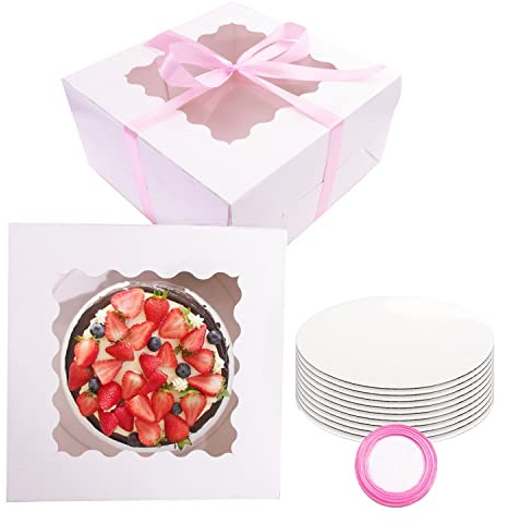 GUIFIER 10 Pack Cake Boxes 10 inch with Cake Boards and Pink Ribbon, Paper Bakery Boxes 10x10x5 inches Cake Box with Window Pastry Boxes for Cakes, Pastries, Cookies, Strawberries, Donuts, Pies(White)