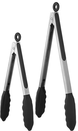 Hitzebeständige Silikon-Küchenzange: U-Taste 315℃ Wärmebeständig Kochzangen-Set mit fest versiegelten Antihaft-Gummispitzen und silikonbeschichtetem Edelstahlgriff zum Servieren von(23/30 cm, Schwarz)