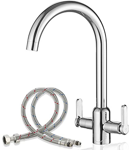 Kitchen Taps Chrome UK Standard Double Handle Dual Lever 1 Hole Deck Mount for Kitchen Sink with 50 CM Flexi Tails, Hot and Cold