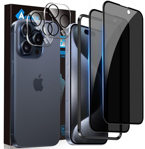 Aerku Sichtschutz Full Screen Schutzfolie für iPhone 15 Pro für Panzerglas mit Kameraschutz, 2 PCS Anti-Spy Panzer Schutz Glas Folie und 2 PCS HD Kamera Schutzfolie, 9H Kratzfest Privacy Schutzglas