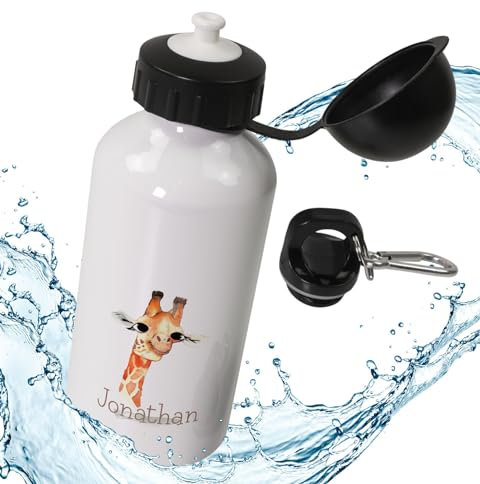 timalo® Aluminium Trinkflasche für Kinder personalisiert mit Namen | auslaufsichere Alu Sportflasche Kindergarten mit Tieren Geschenk für Jungen und Mädchen 600mLB3 | 18-Giraffe