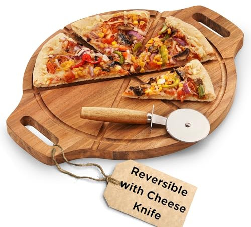 Wrenbury Wooden Pizza Board and Cutter Set - Pizza Lover Gifts - 42 cm Acacia Round Cutting Board with 6 Grooves - Includes Wheel & Cheese Knife